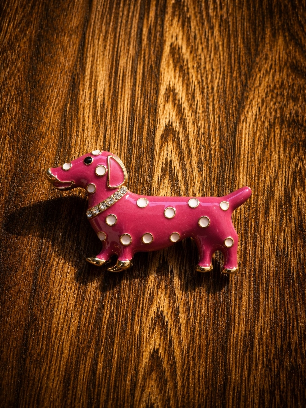 Mint Pink Polka Dot Dachshund Brooch with Rhinestone Collar